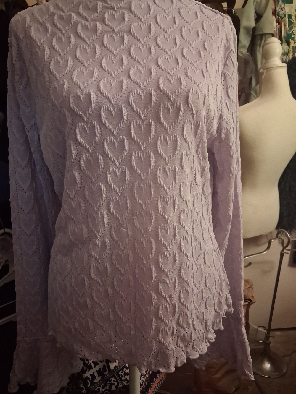 New Lavender Heart-Pattern Pointelle Long Sleeve Bell Cuffs Stretch Knit Top L